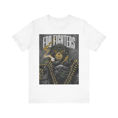 A black graphic t-shirt featuring an aesthetic graphic of a monkey related to Foo Fighters.