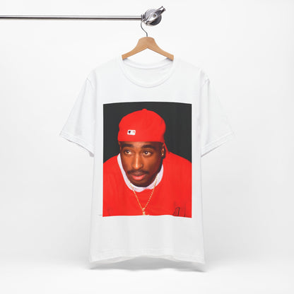 A black graphic t-shirt featuring a fierce graphic related to Tupac's 'California Love' song or era.