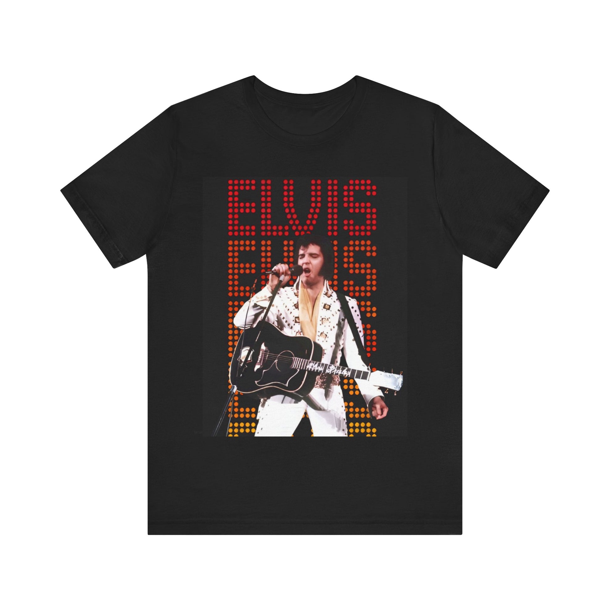 A black graphic t-shirt featuring a graphic related to Elvis Presley's '68 Comeback Special'.