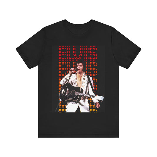 A black graphic t-shirt featuring a graphic related to Elvis Presley's '68 Comeback Special'.
