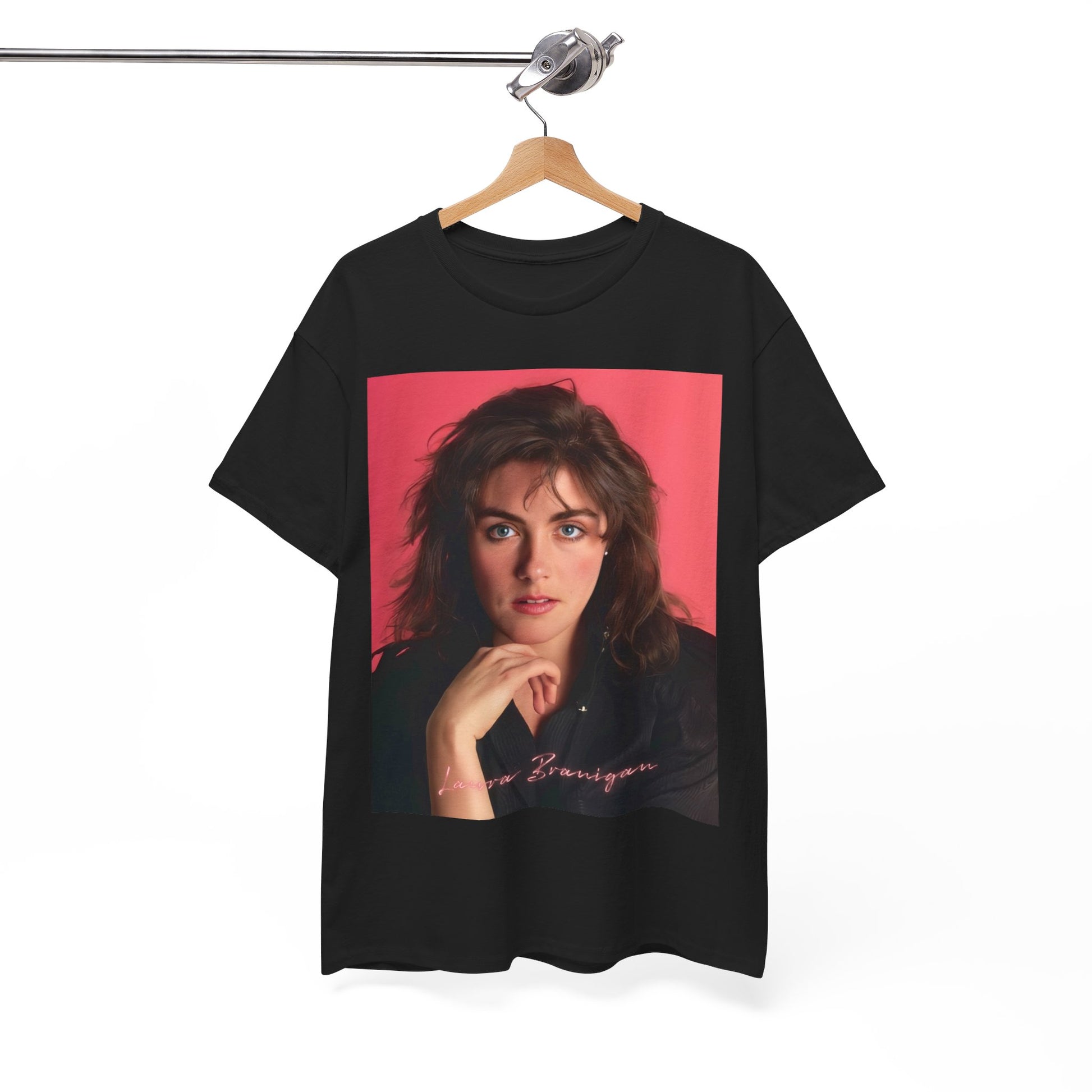 A black graphic t-shirt featuring a vintage 80s pop diva graphic of Laura Branigan.