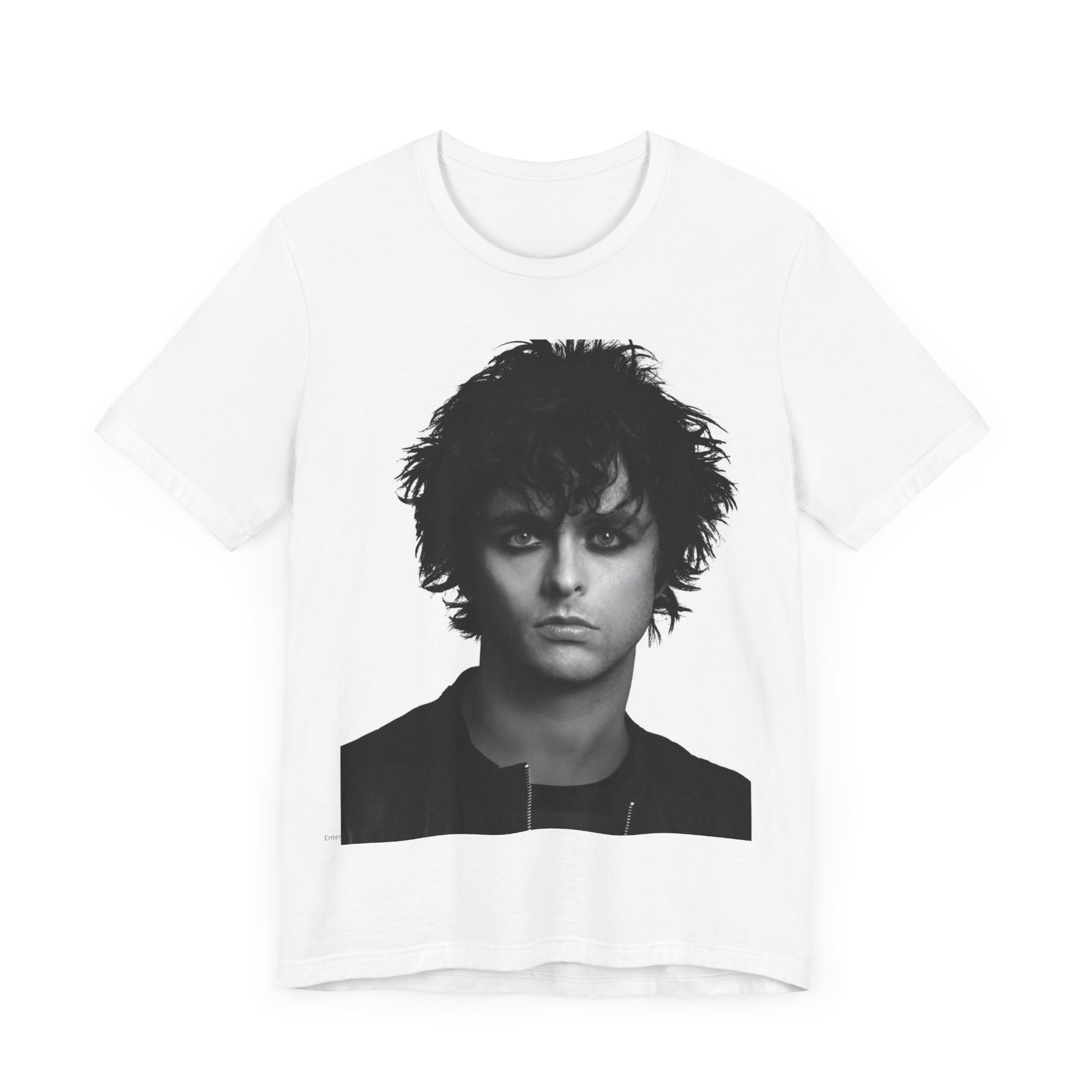 A black graphic t-shirt featuring a black and white portrait photo of Billie Joe Armstrong from Green Day.