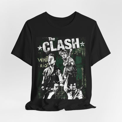 A black graphic t-shirt featuring a graphic related to The Clash's 'White Riot' song.