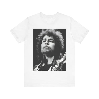 A black graphic t-shirt featuring a retro black and white graphic or photo of Bob Dylan performing live.