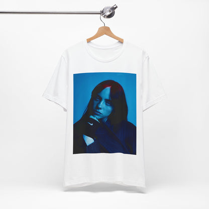 A soft, slightly blurred photo of Billie Eilish, evoking the dreamy and nostalgic feel of her song 'Ocean Eyes,' printed on a t-shirt.