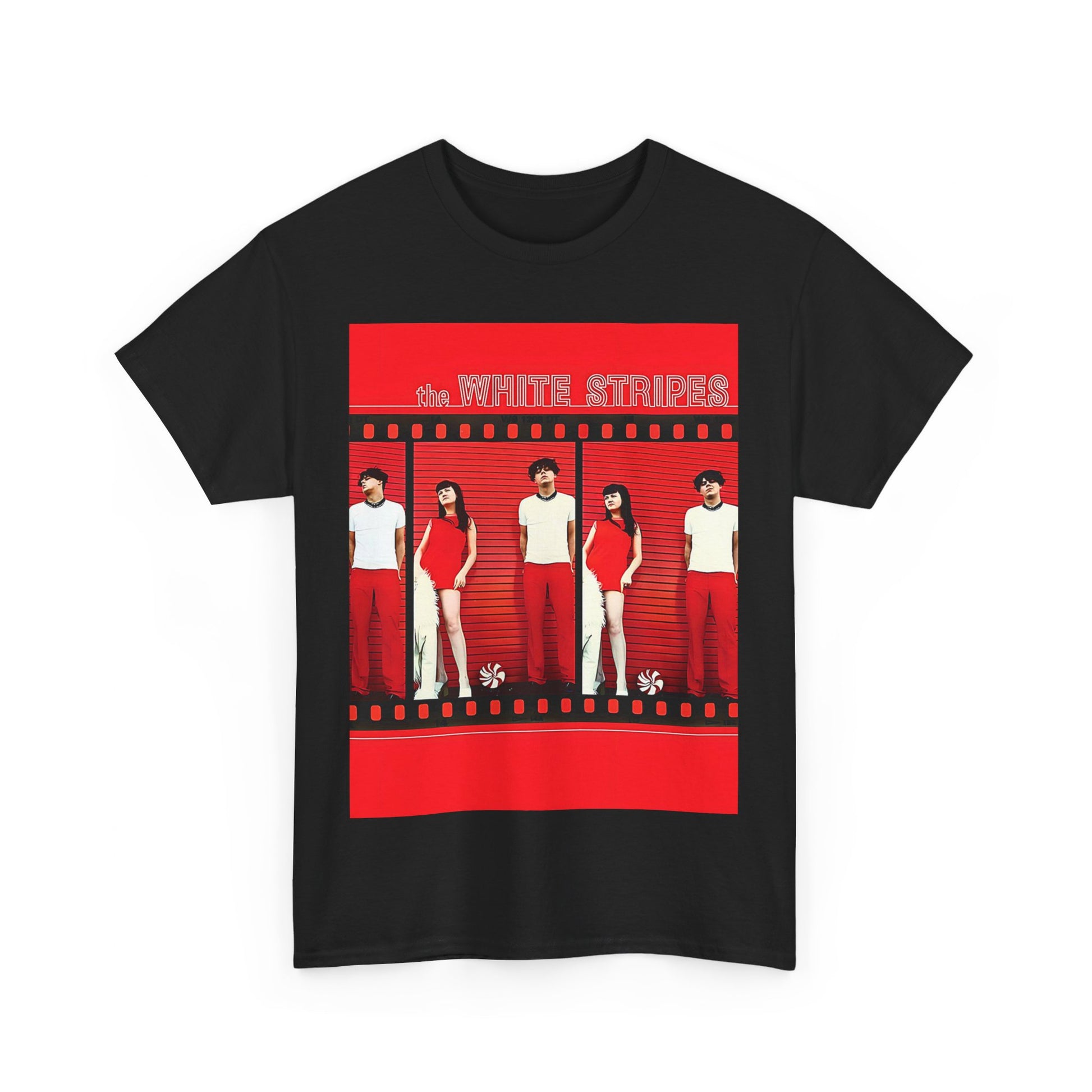 A black graphic t-shirt featuring an authentic blues rock duo graphic of The White Stripes.
