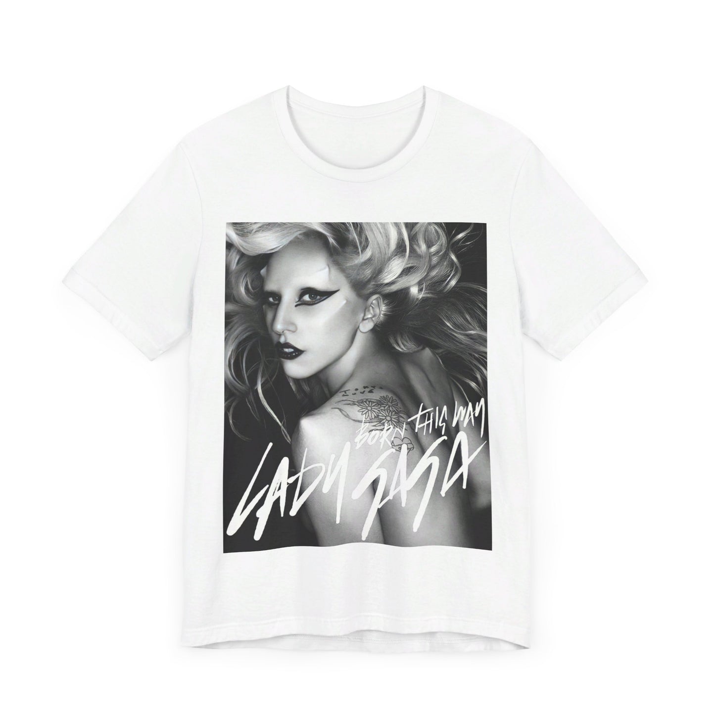 A black graphic t-shirt featuring a modern pop essential graphic of Lady Gaga.