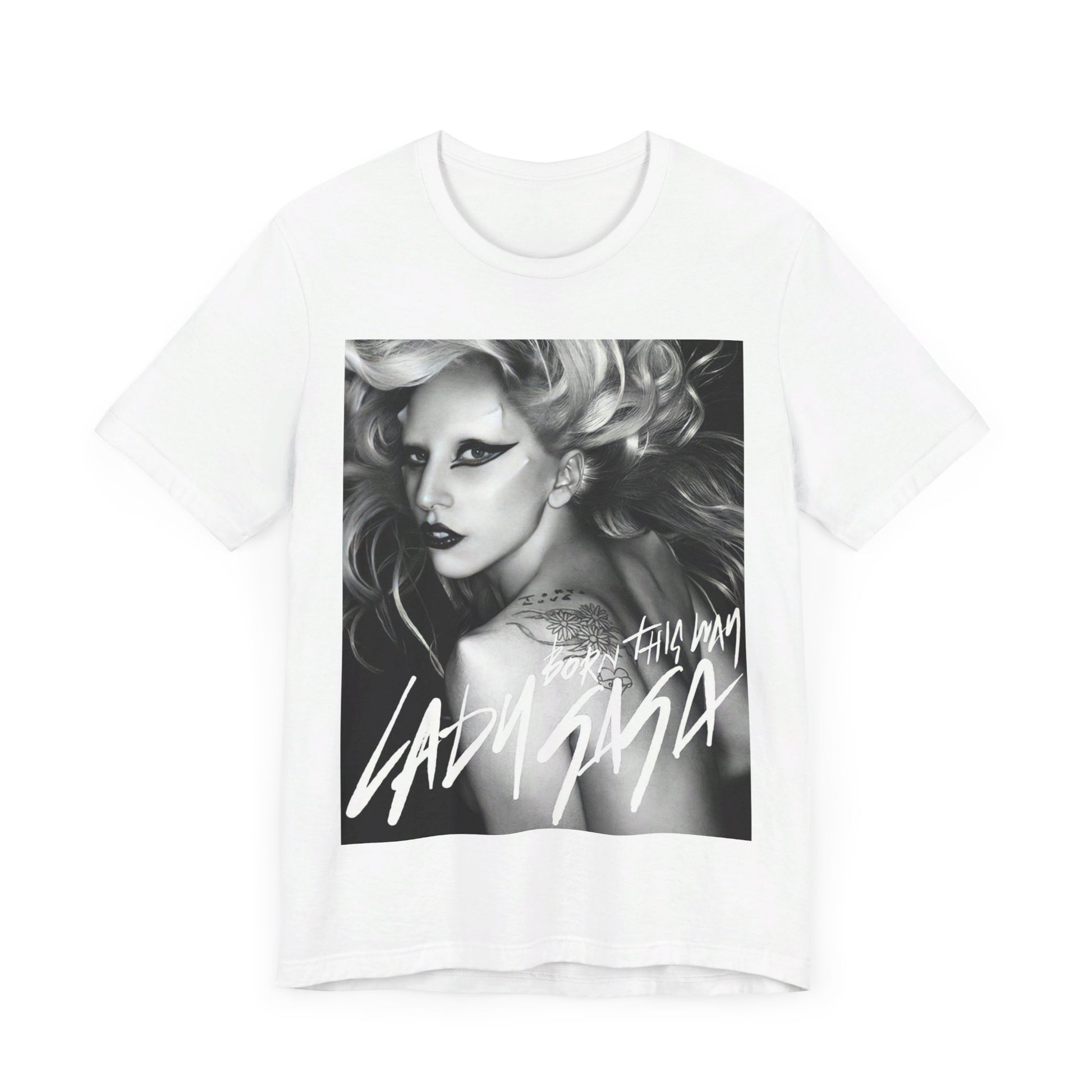 A black graphic t-shirt featuring a modern pop essential graphic of Lady Gaga.