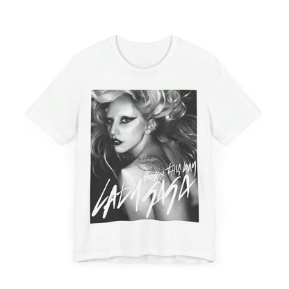 A black graphic t-shirt featuring a modern pop essential graphic of Lady Gaga.