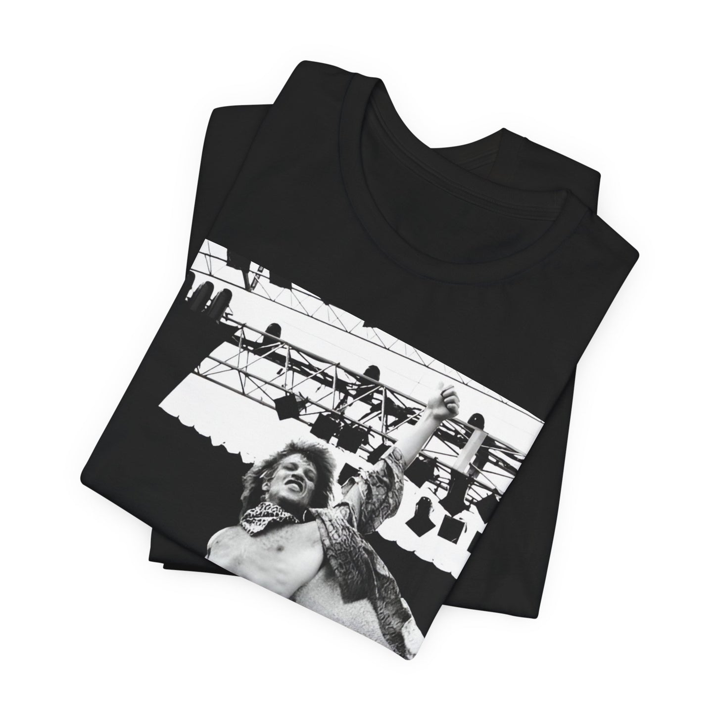 A black graphic t-shirt featuring an epic arena rock graphic of Bon Jovi performing on a large stage.