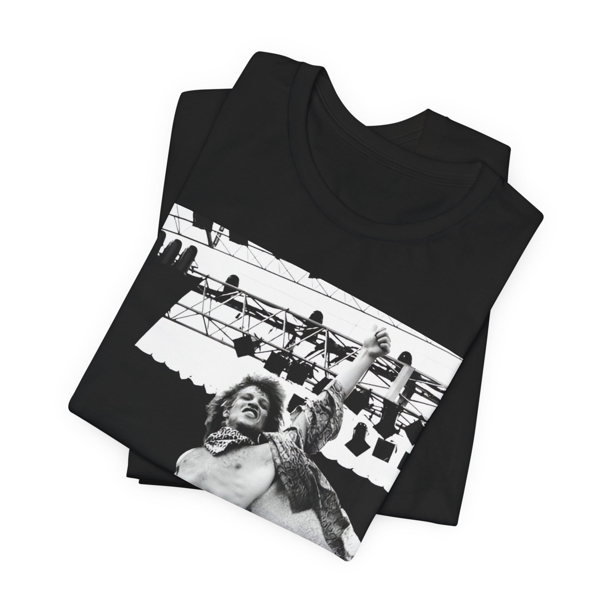 A black graphic t-shirt featuring an epic arena rock graphic of Bon Jovi performing on a large stage.