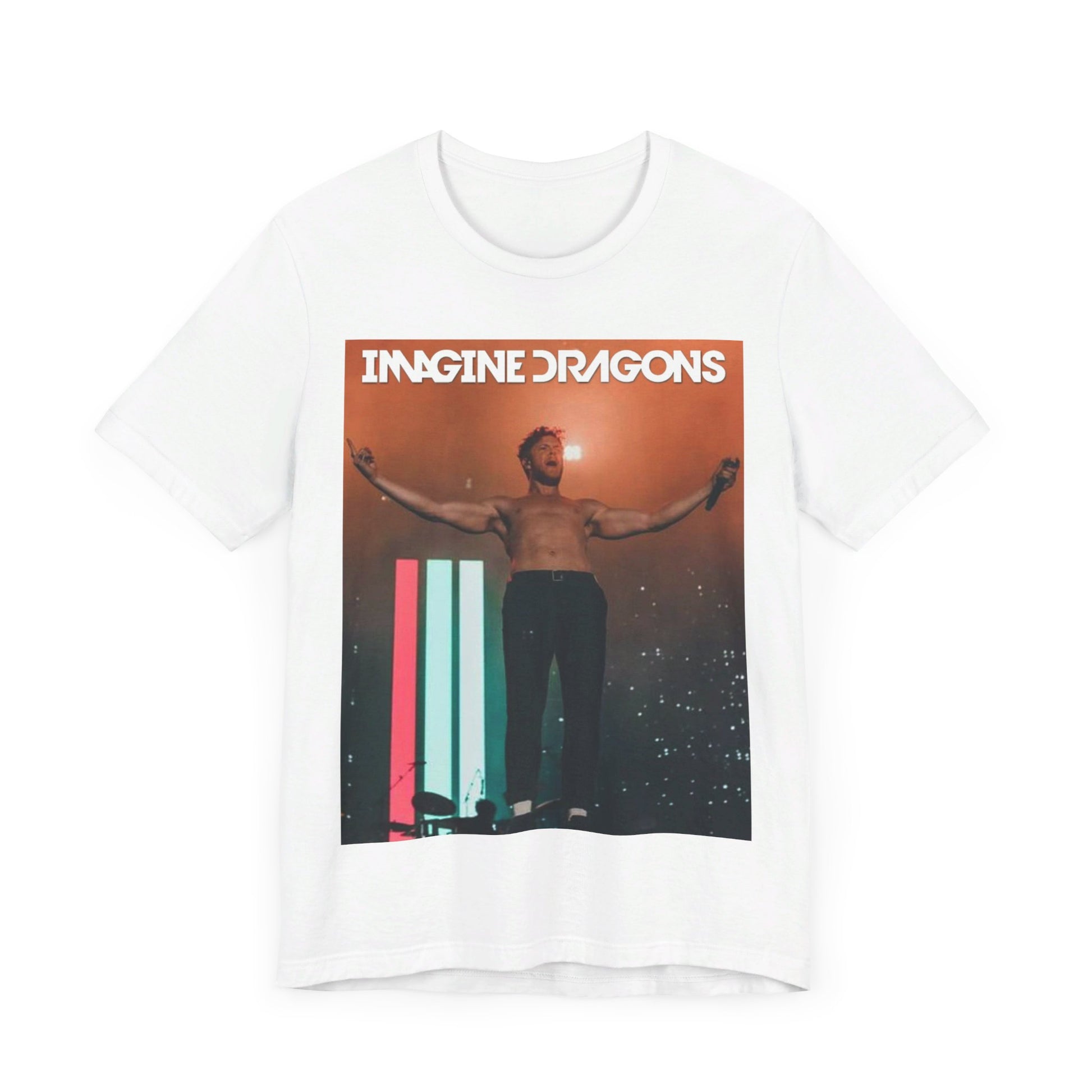 A black graphic t-shirt featuring a bold graphic of Imagine Dragons as arena rockers.