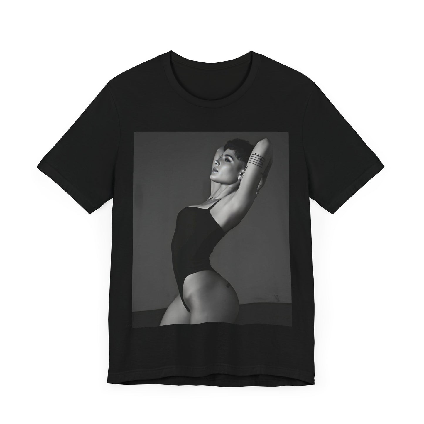 A black graphic t-shirt featuring a black and white, monochrome graphic or photo of Halsey.