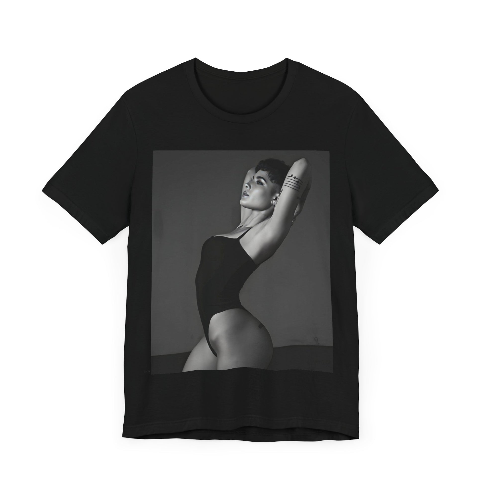 A black graphic t-shirt featuring a black and white, monochrome graphic or photo of Halsey.
