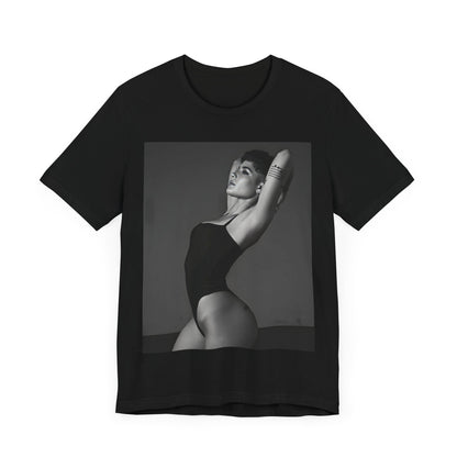 A black graphic t-shirt featuring a black and white, monochrome graphic or photo of Halsey.