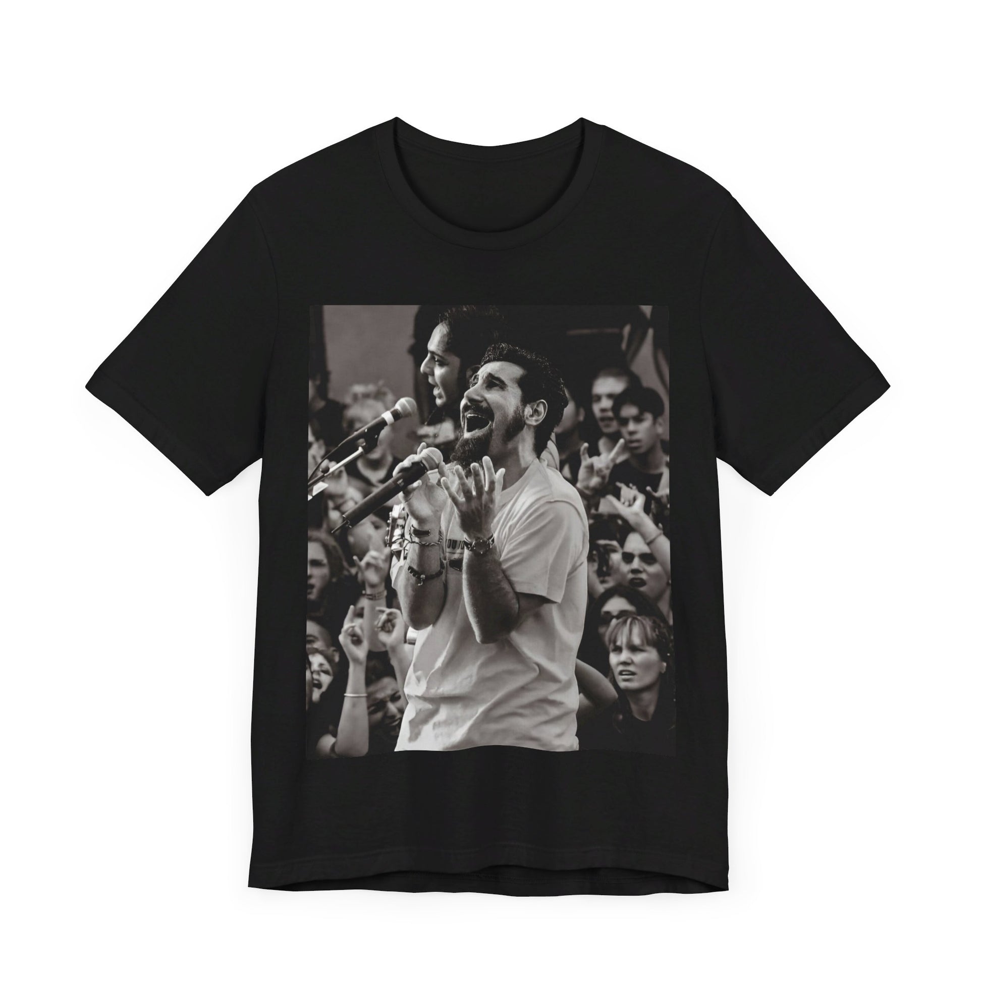 A black graphic t-shirt featuring a black and white portrait photo of Serj Tankian from System of a Down.