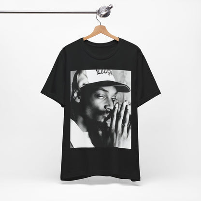 A black graphic t-shirt featuring a cool black and white graphic or photo of Snoop Dogg as a rapper.