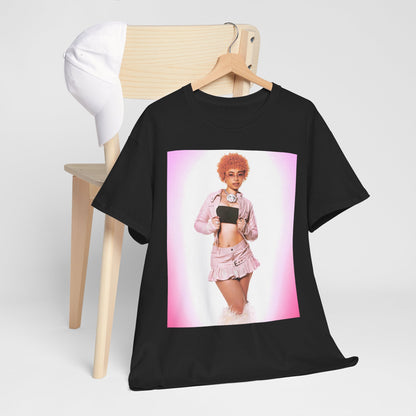 A black graphic t-shirt featuring a graphic of Ice Spice with prominent neon pink aesthetic elements.