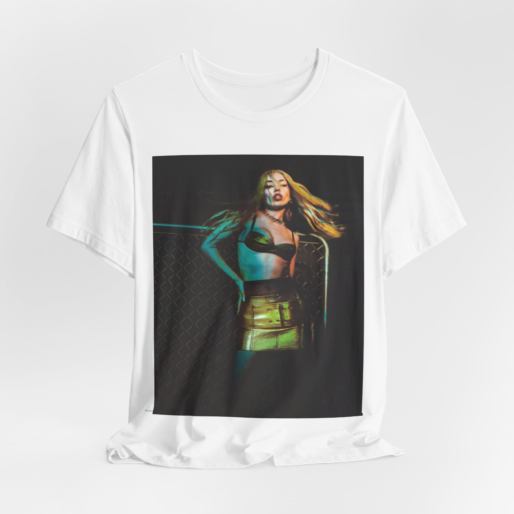 A black graphic t-shirt featuring a neon pop art style graphic of Ava Max, with bright, glowing colors and possibly a 'Pop Queen' title.