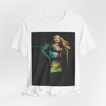 A black graphic t-shirt featuring a neon pop art style graphic of Ava Max, with bright, glowing colors and possibly a 'Pop Queen' title.
