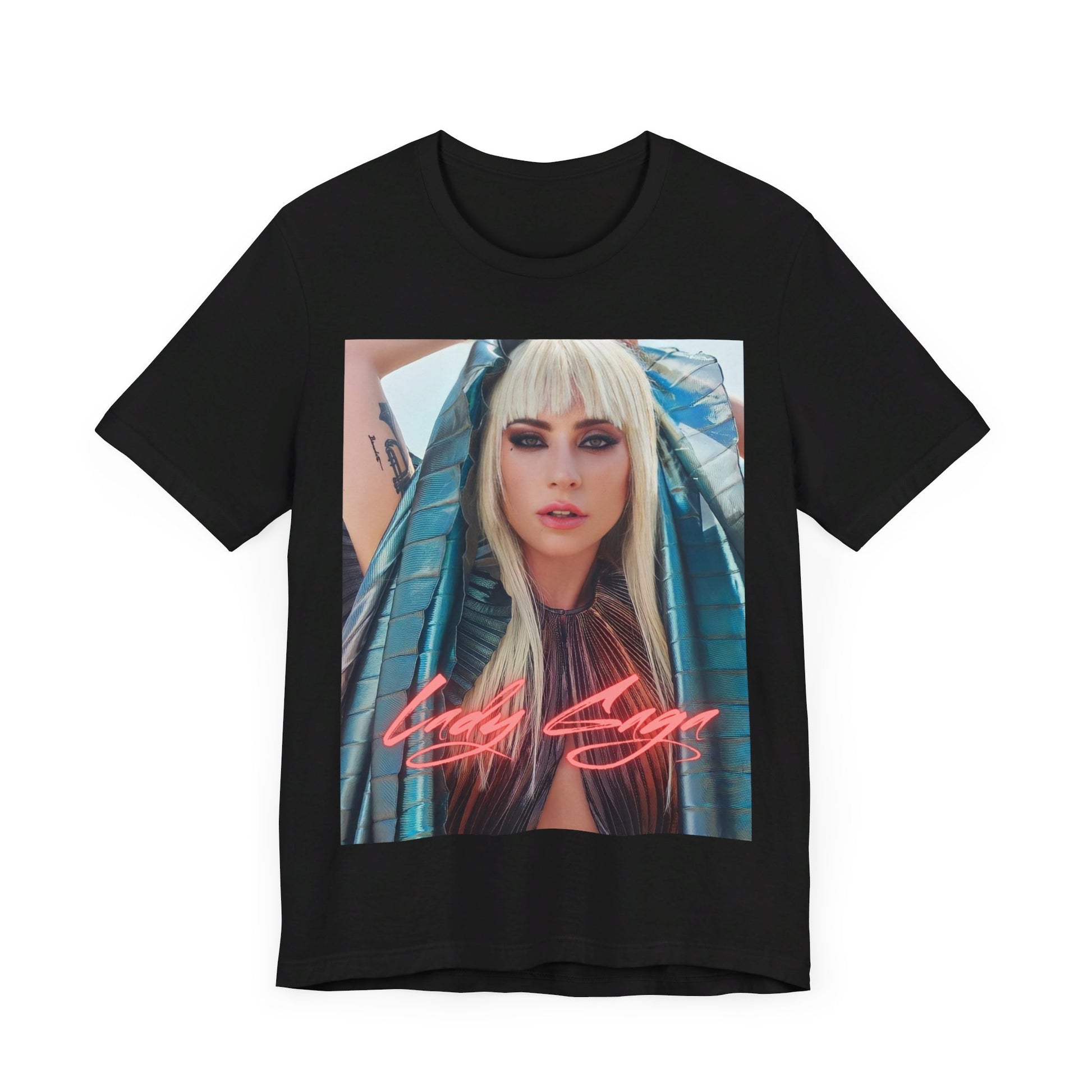 A black graphic t-shirt featuring a graphic related to Lady Gaga's 'A Star Is Born' film era.