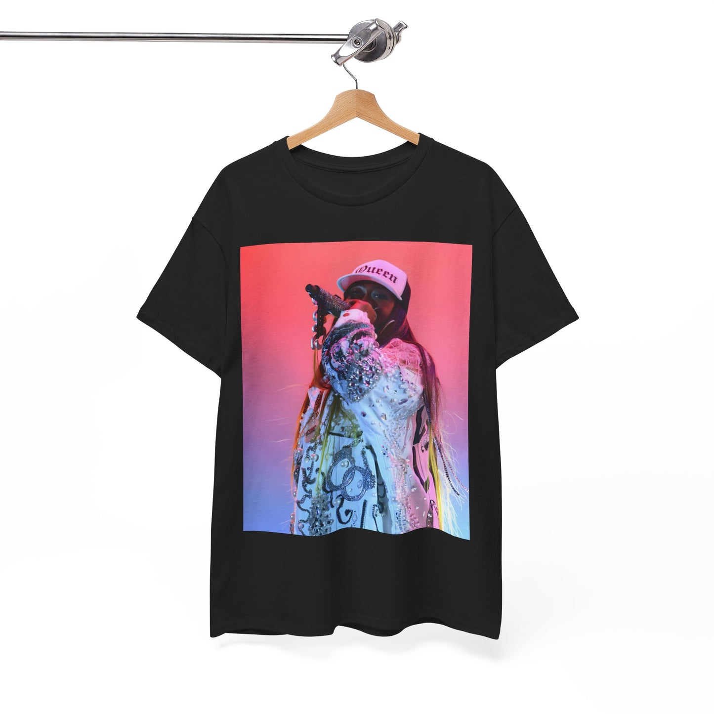 A black graphic t-shirt featuring a graphic of Missy Elliott as a fearless performer.