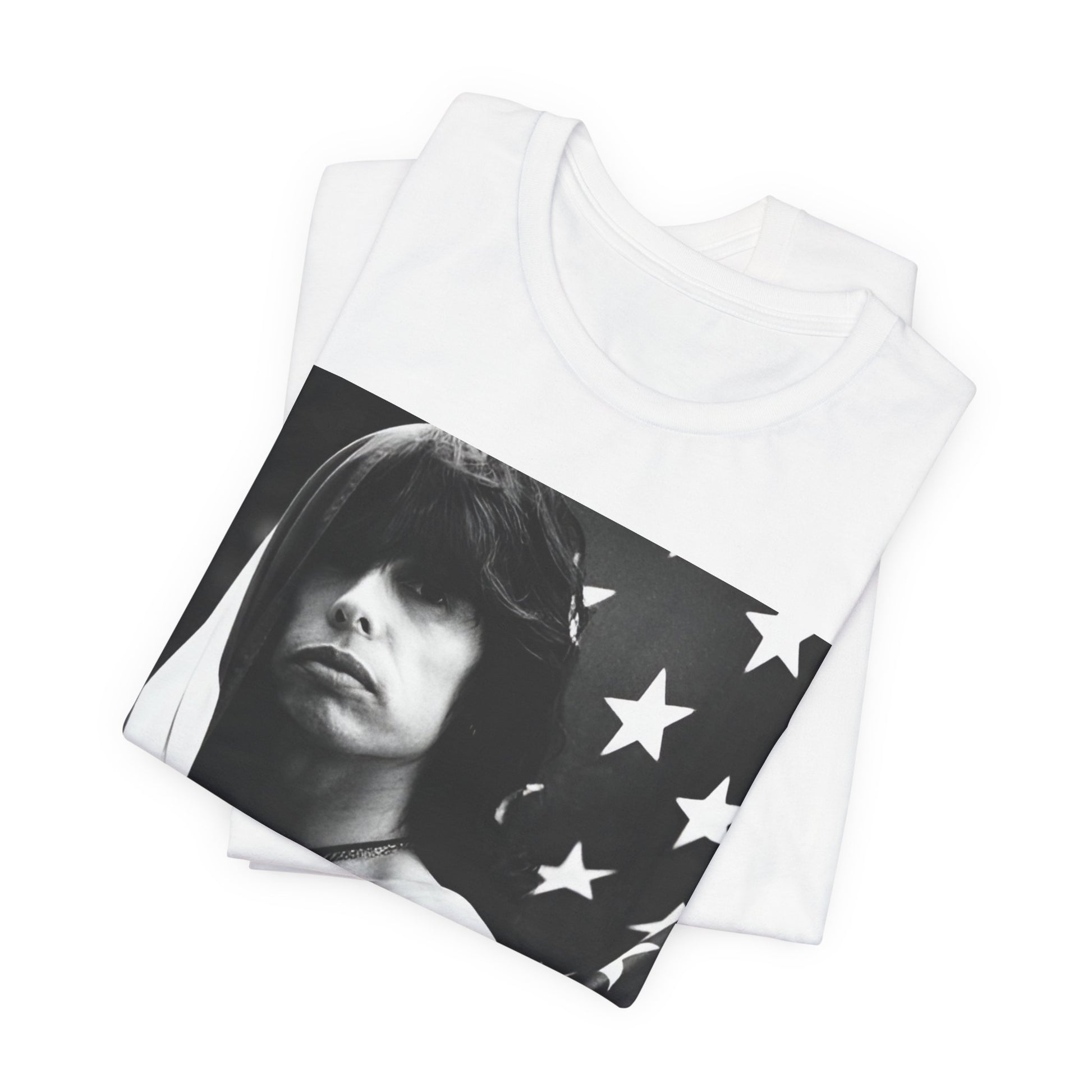A black graphic t-shirt featuring a retro 70s-style illustration or photo of Aerosmith, integrated with elements of the American flag.