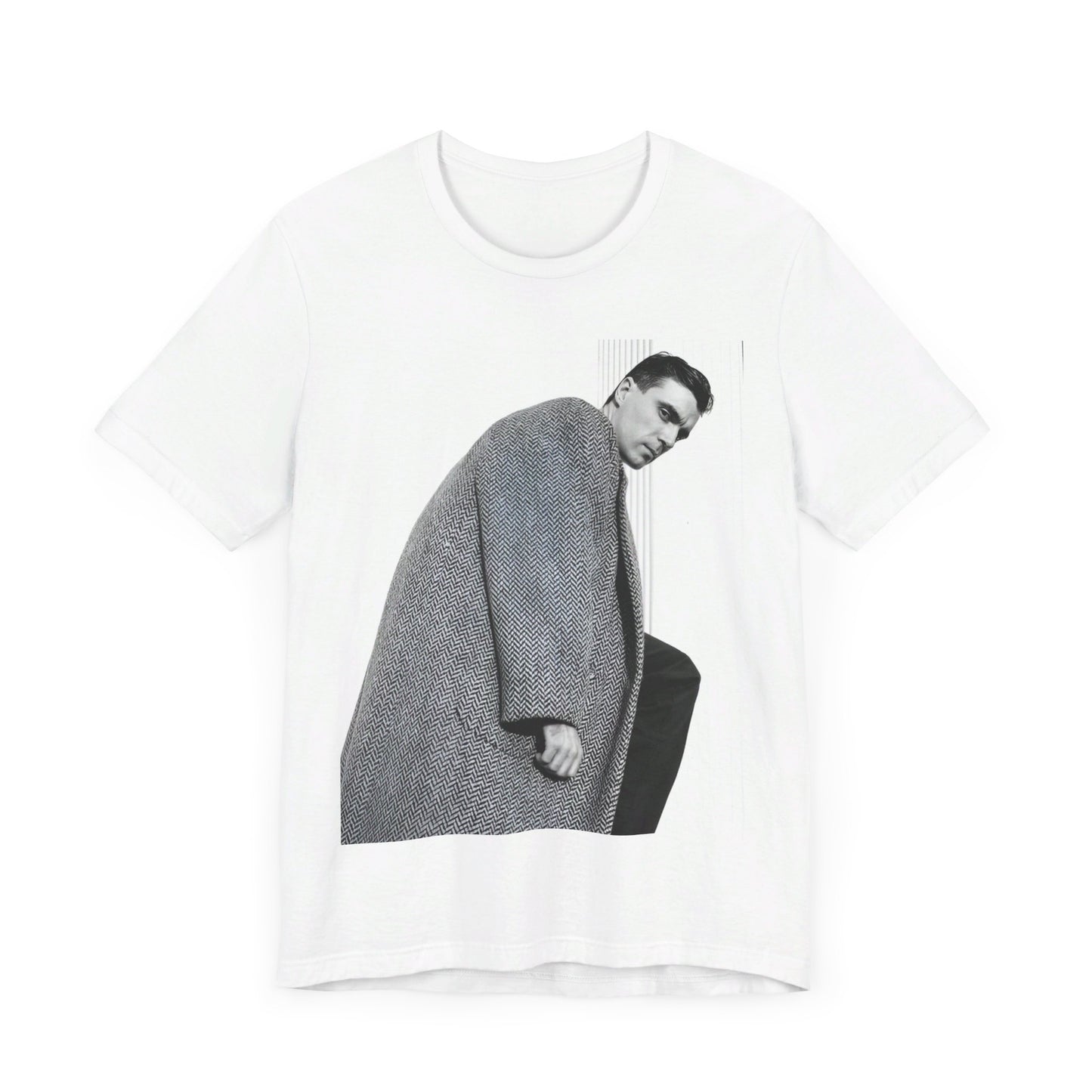 A black graphic t-shirt featuring a graphic of David Byrne from Talking Heads in his classic style.