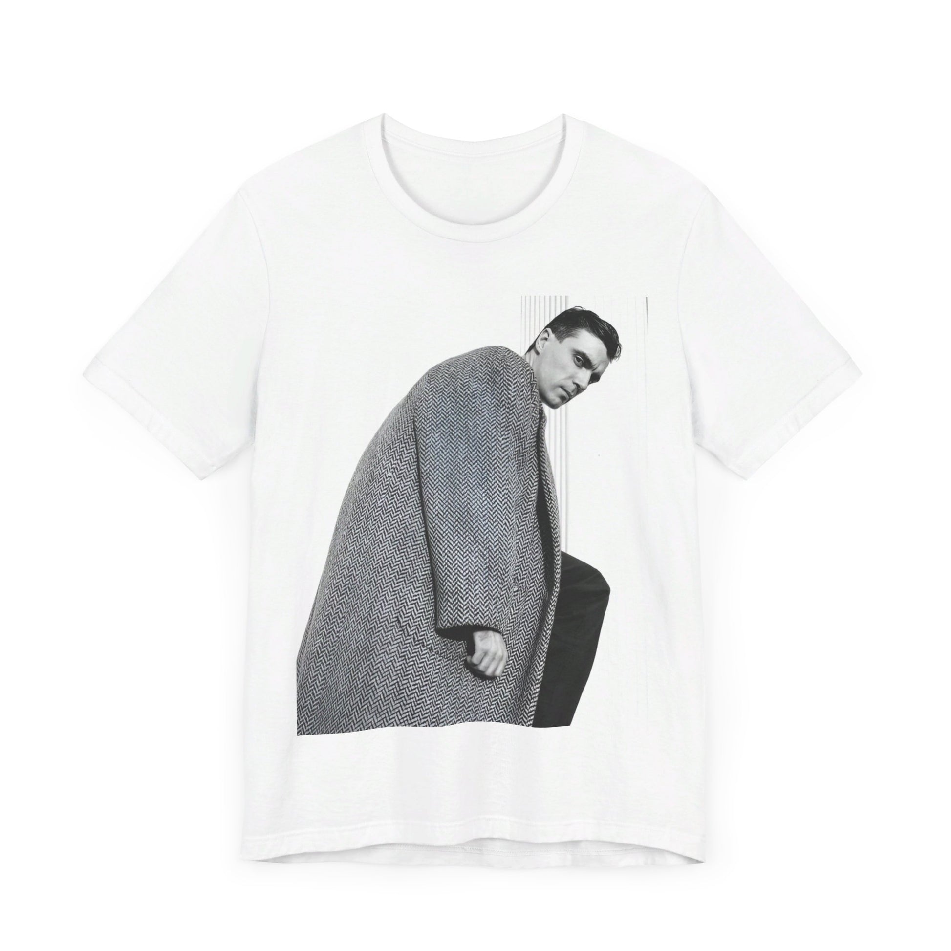 A black graphic t-shirt featuring a graphic of David Byrne from Talking Heads in his classic style.