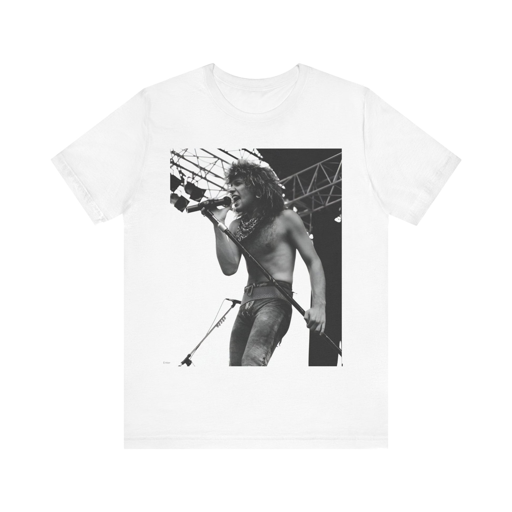 A black graphic t-shirt featuring a retro tour graphic for Bon Jovi's '88 tour.