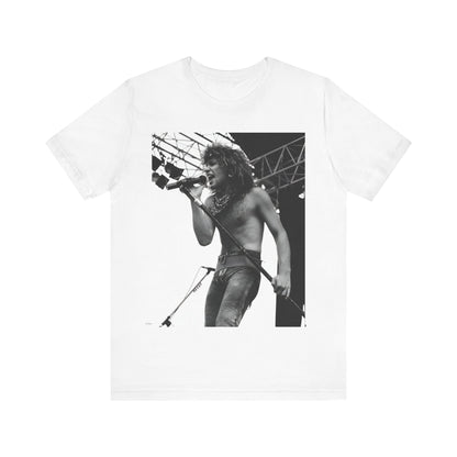 A black graphic t-shirt featuring a retro tour graphic for Bon Jovi's '88 tour.