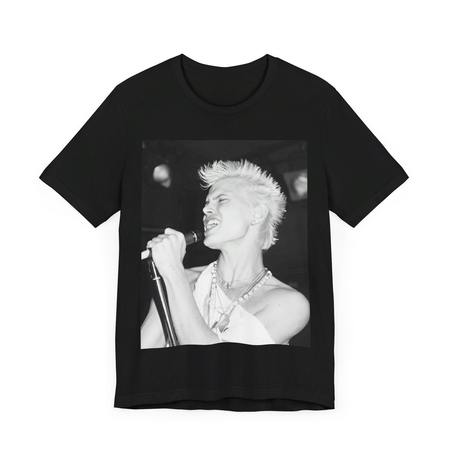 A black graphic t-shirt featuring a black and white photo of Billy Idol performing live on stage.
