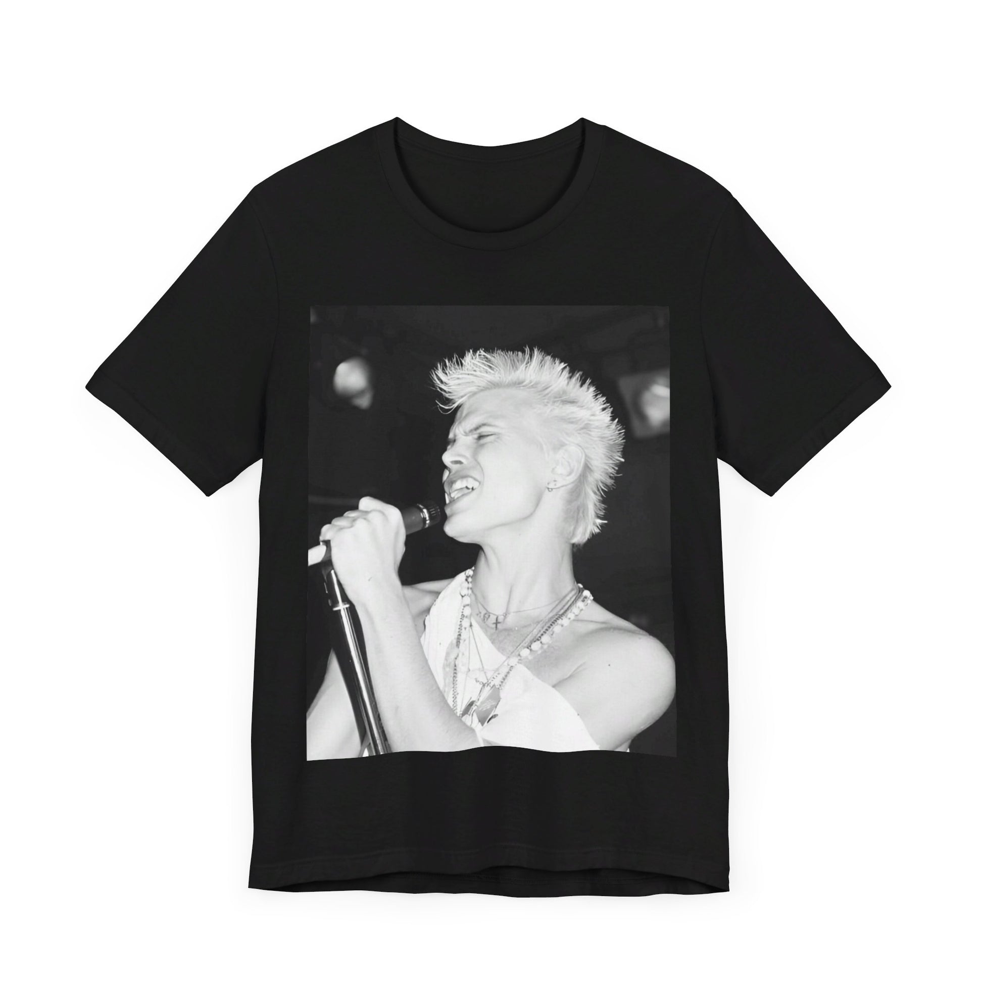 A black graphic t-shirt featuring a black and white photo of Billy Idol performing live on stage.