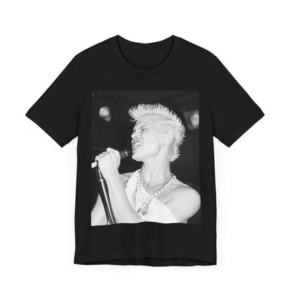 A black graphic t-shirt featuring a black and white photo of Billy Idol performing live on stage.