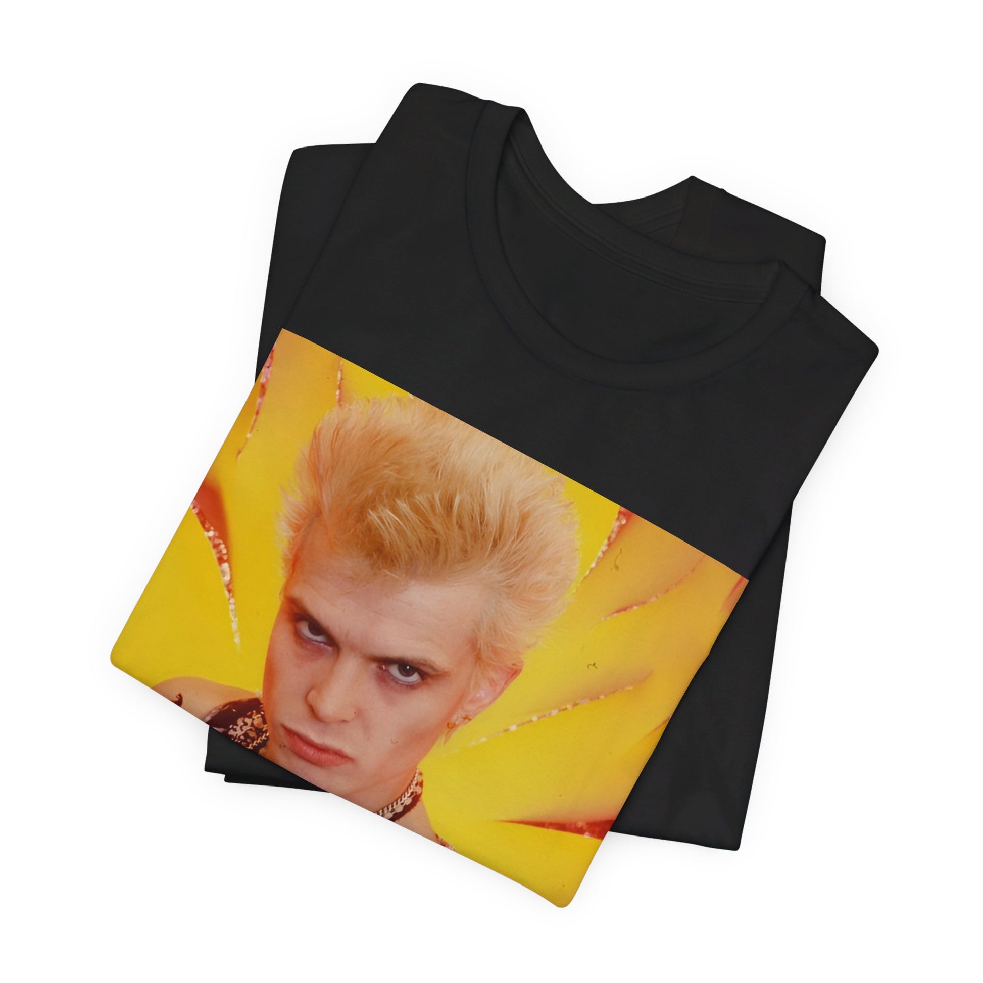 A black graphic t-shirt featuring an 80s old-school merchandise-style graphic of Billy Idol, possibly with stylized text or imagery.