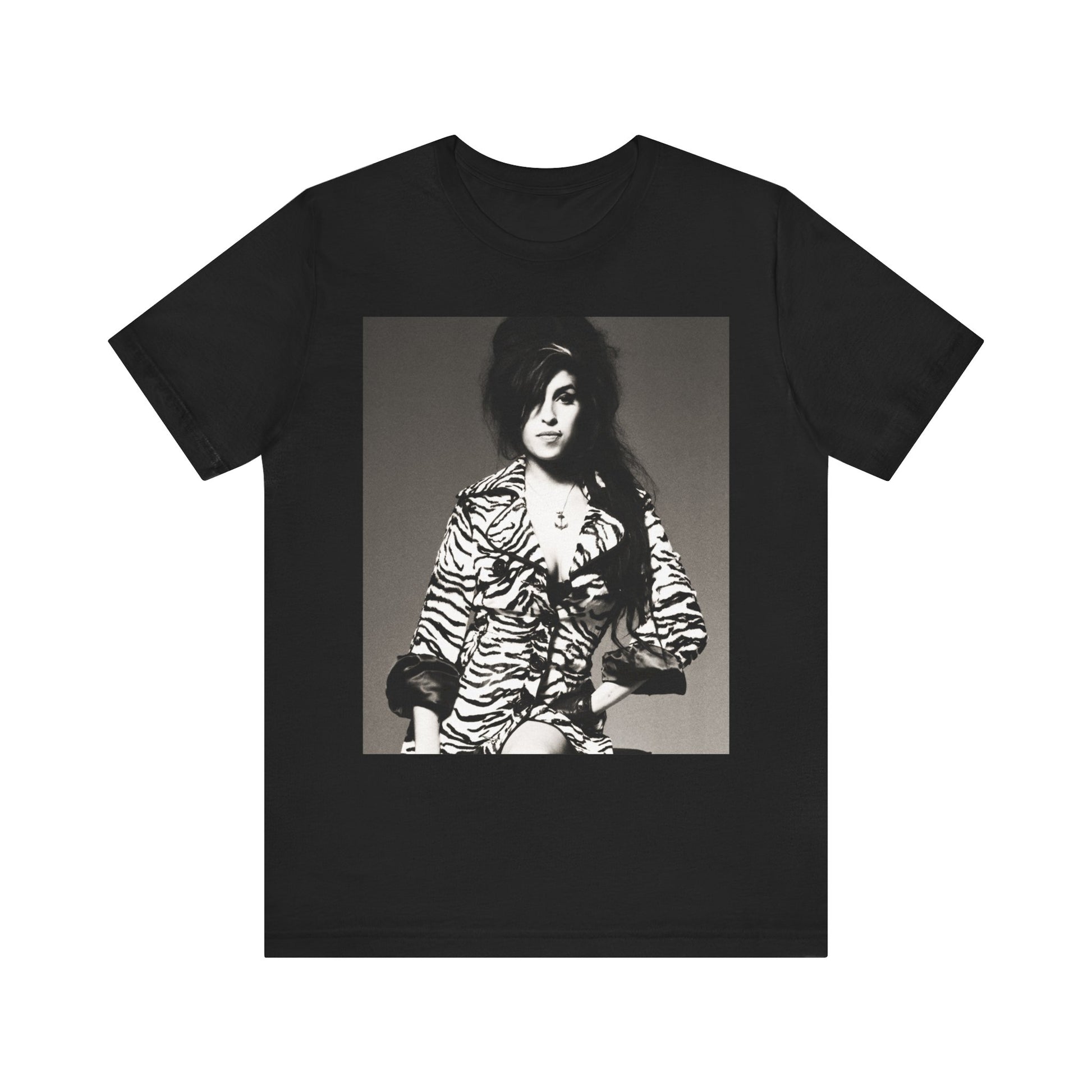 A black graphic t-shirt featuring a graphic related to Amy Winehouse's 'Back to Black' album era from 2006, possibly with album art elements.