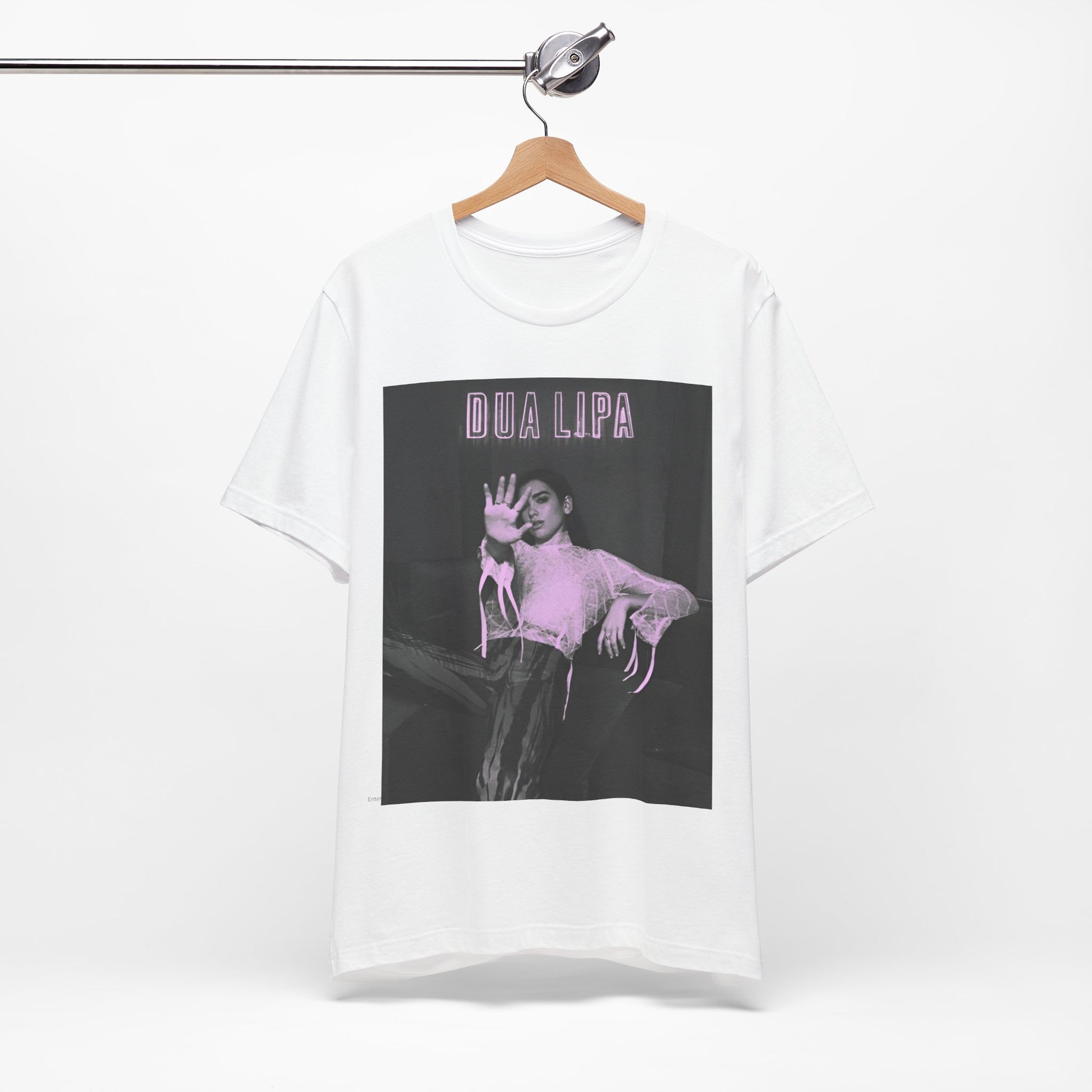 A black graphic t-shirt featuring a photo of Dua Lipa with a pink monochrome effect.