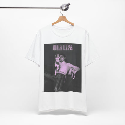 A black graphic t-shirt featuring a photo of Dua Lipa with a pink monochrome effect.