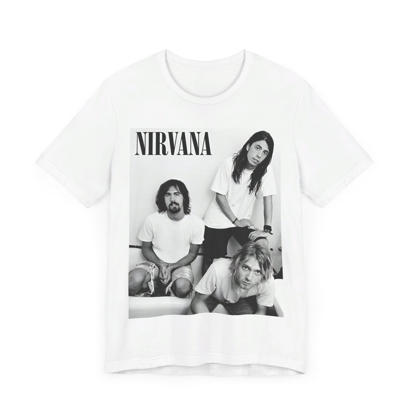 A black graphic t-shirt featuring a graphic of Nirvana emphasizing a rebellious grunge spirit.
