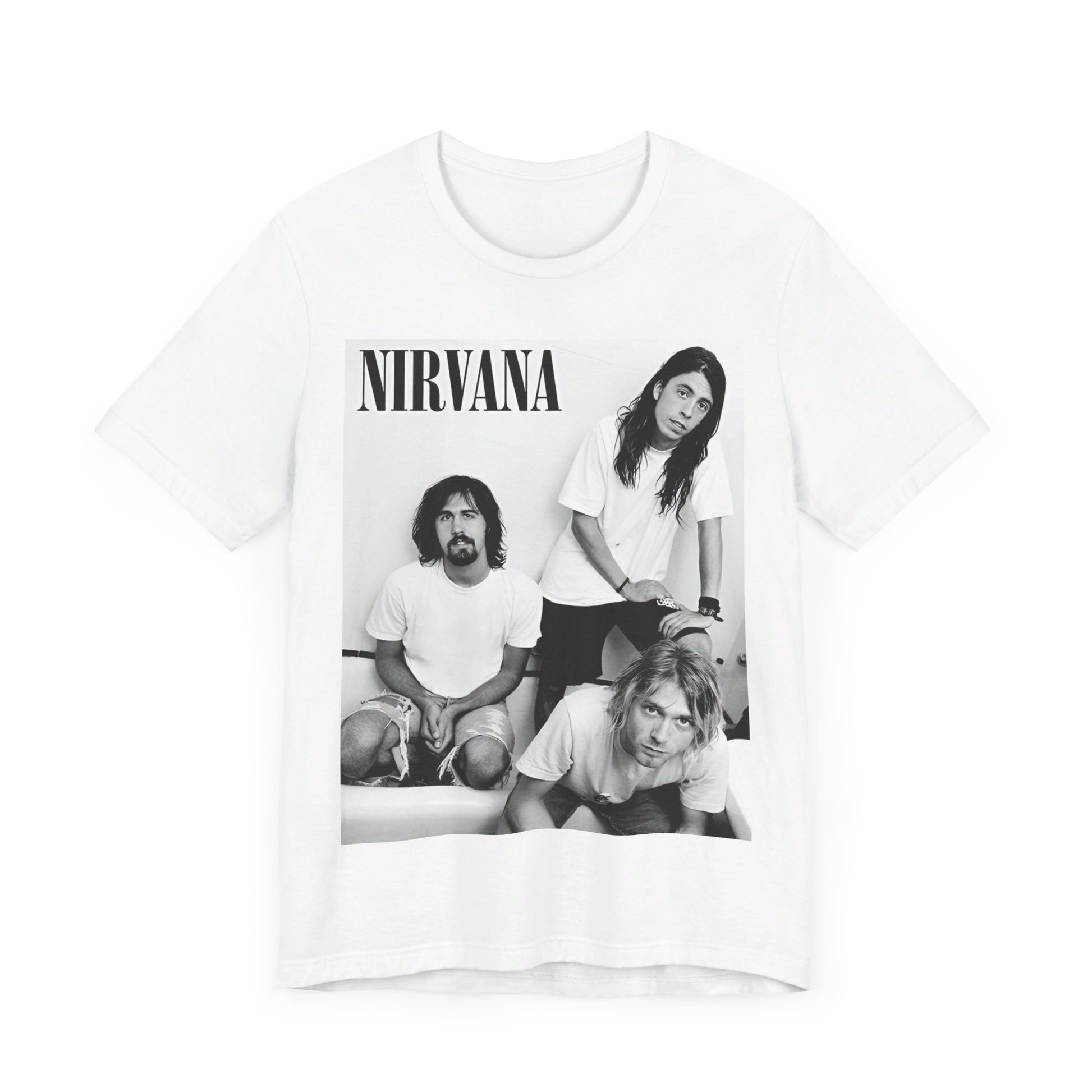 A black graphic t-shirt featuring a graphic of Nirvana emphasizing a rebellious grunge spirit.