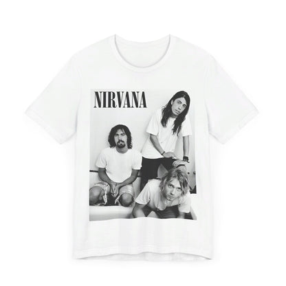 A black graphic t-shirt featuring a graphic of Nirvana emphasizing a rebellious grunge spirit.