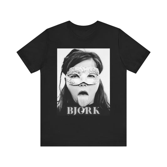 A black graphic t-shirt featuring a black and white portrait photo of Bjork.