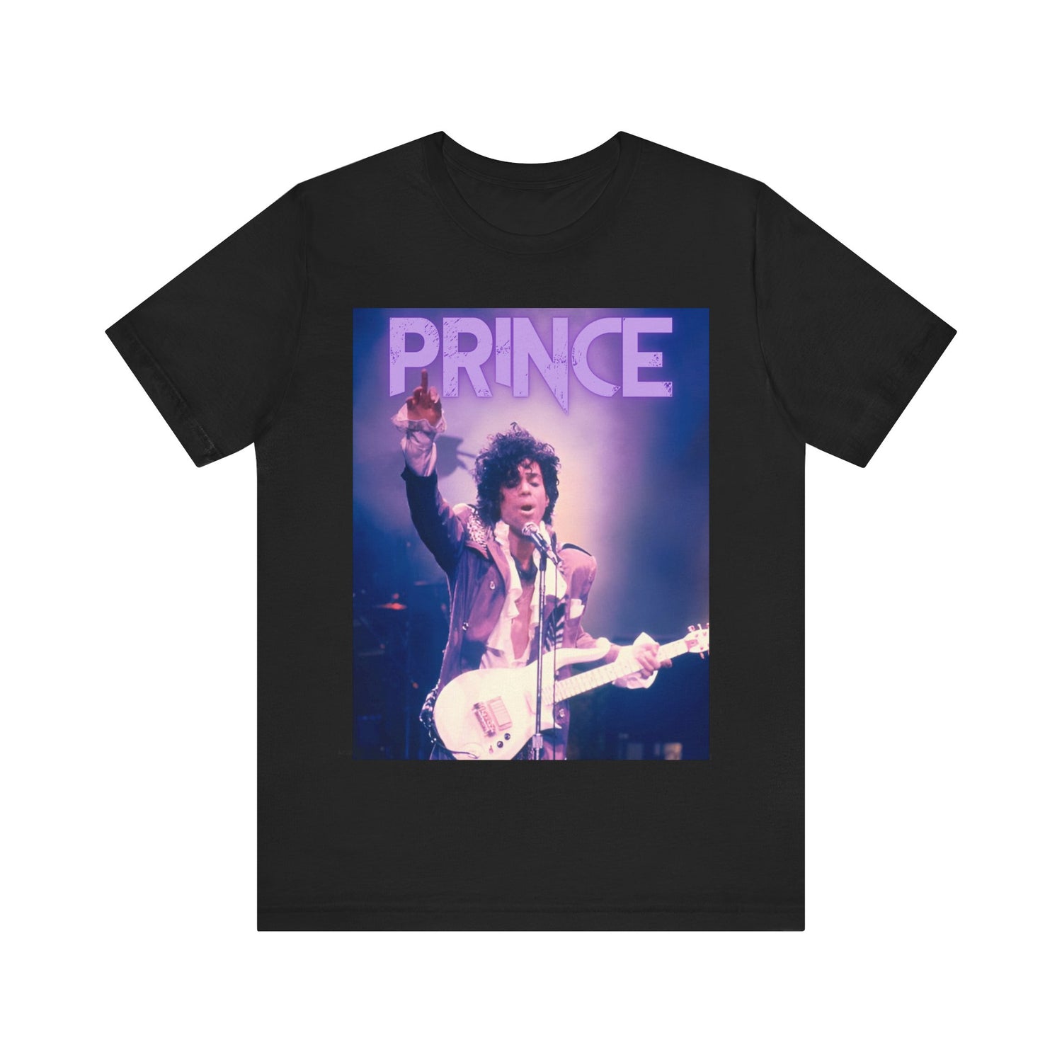 A black graphic t-shirt featuring a retro graphic related to Prince's 'Purple Rain' album era.