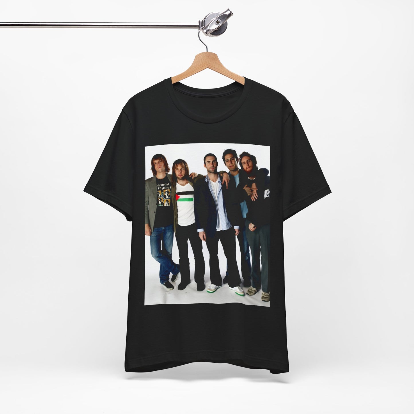 A scrapbook-style collage of various photos of the band Maroon 5 from a classic era, printed on a graphic t-shirt