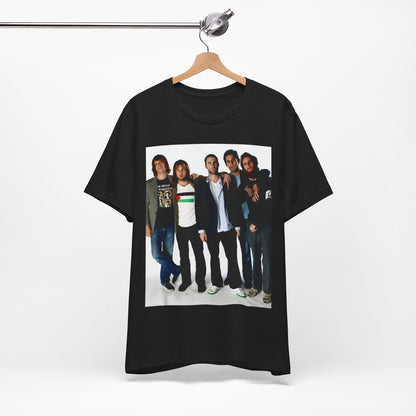 A scrapbook-style collage of various photos of the band Maroon 5 from a classic era, printed on a graphic t-shirt