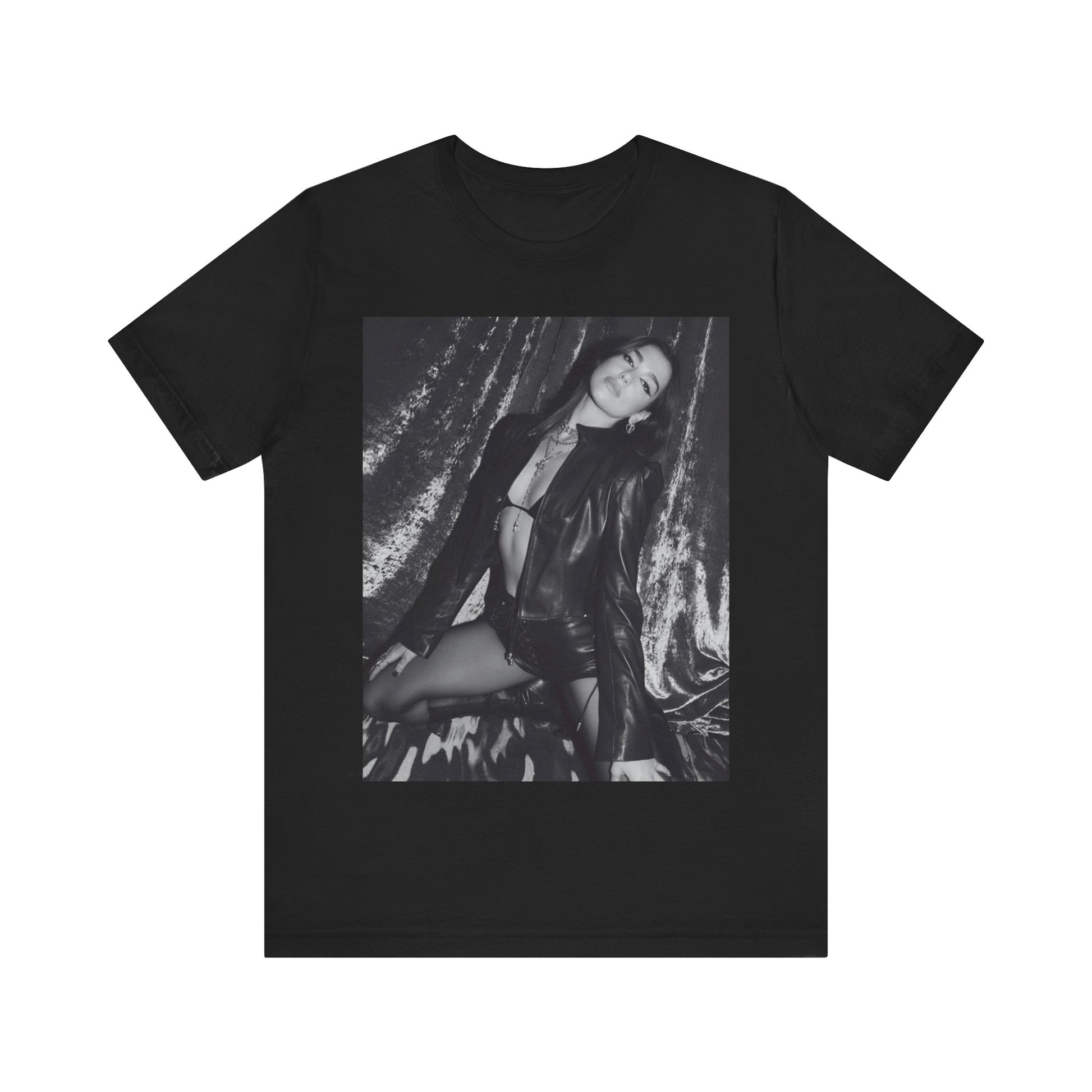 A black graphic t-shirt featuring a black and white portrait photo of Dua Lipa.