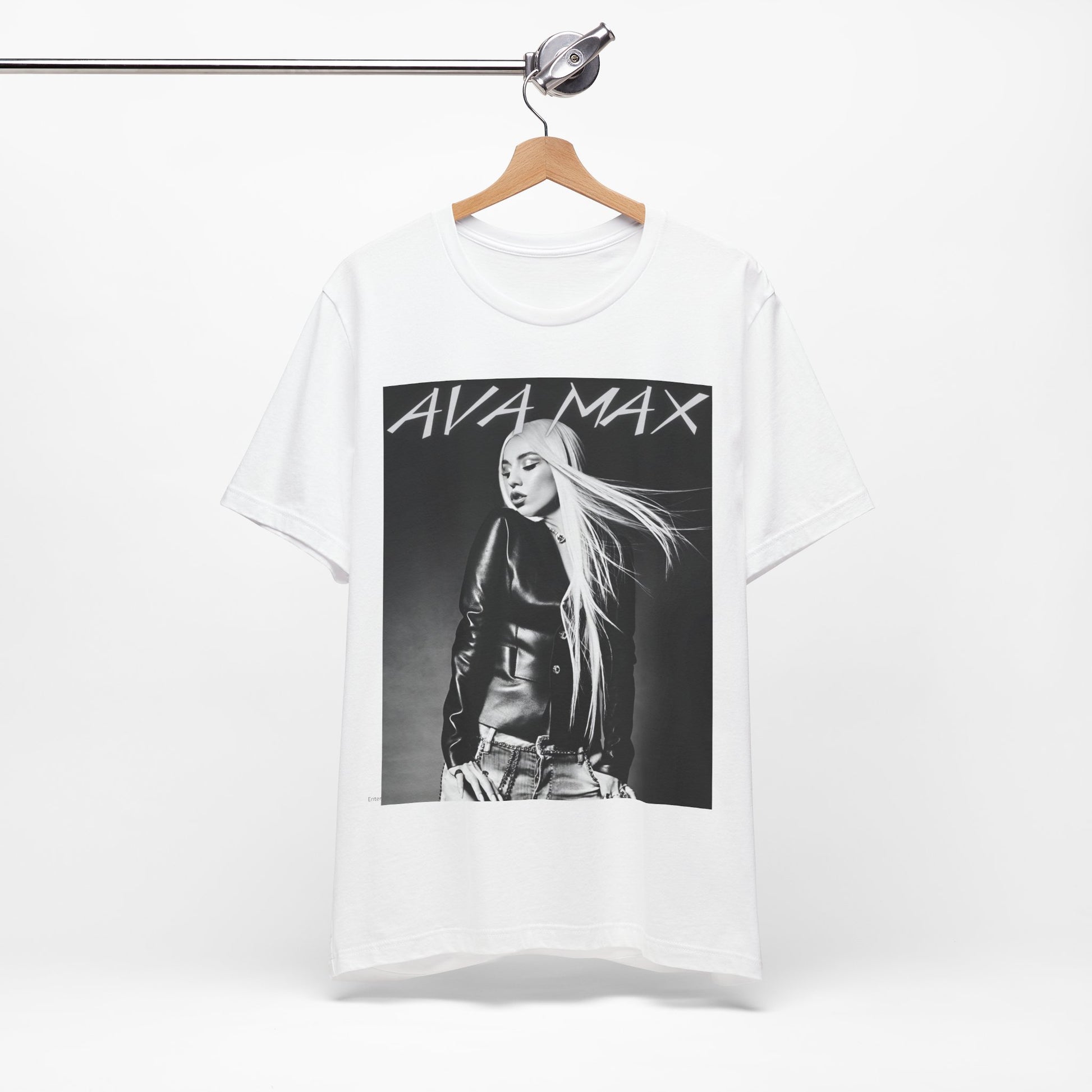 A black graphic t-shirt featuring a black and white portrait photo of Ava Max.