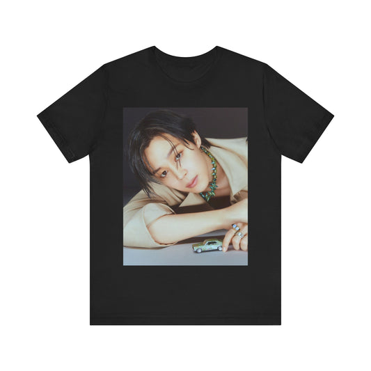 A black graphic t-shirt featuring a retro graphic related to Jimin's 'Filter' era.