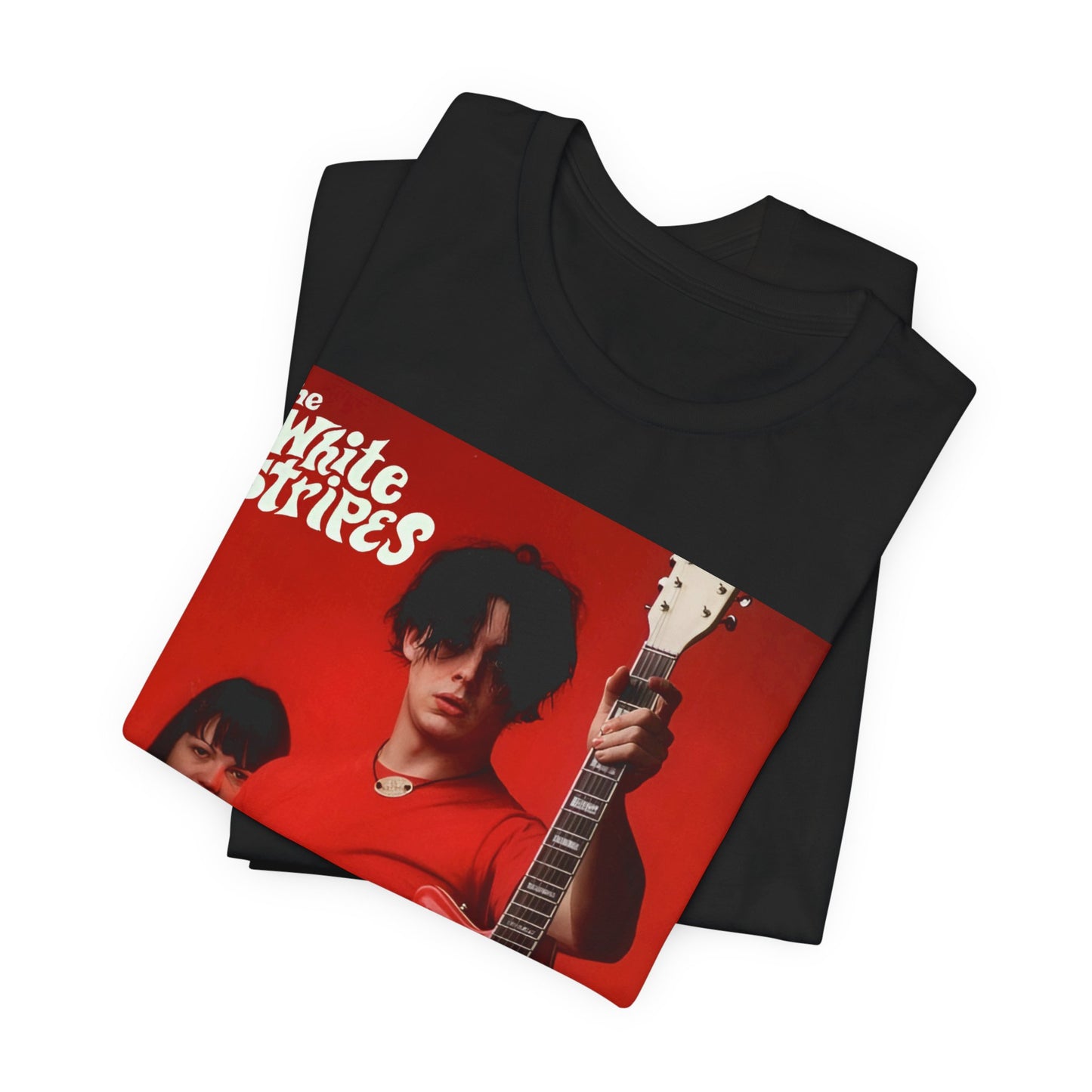 A black graphic t-shirt featuring a vintage garage rock graphic of The White Stripes.