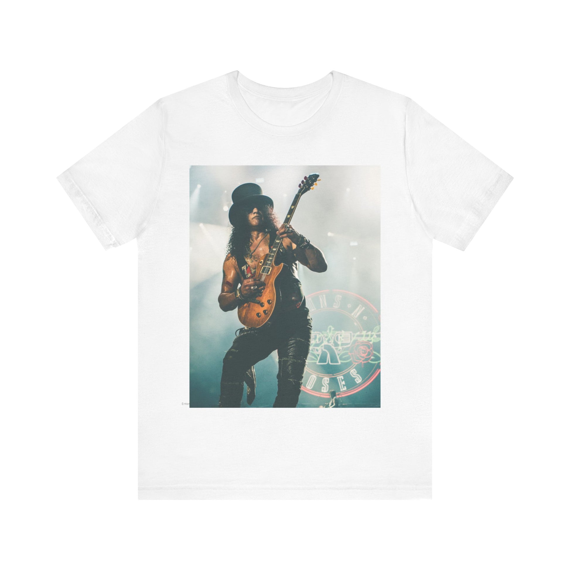 A black graphic t-shirt featuring a graphic of Slash from Guns N' Roses with his iconic top hat and guitar.